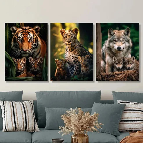3pcs Vibrant Tiger, Leopard & Wolf Family Wall Art Set Canvas Unframed - High Quality Print 100% Australian Made Wall Canvas