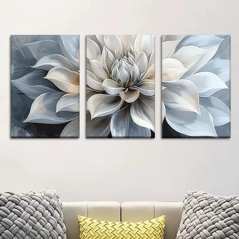 3pcs Beige Gray White & Blue Abstract Floral Metal Print Ready to Hang Art - Bella Home Decor