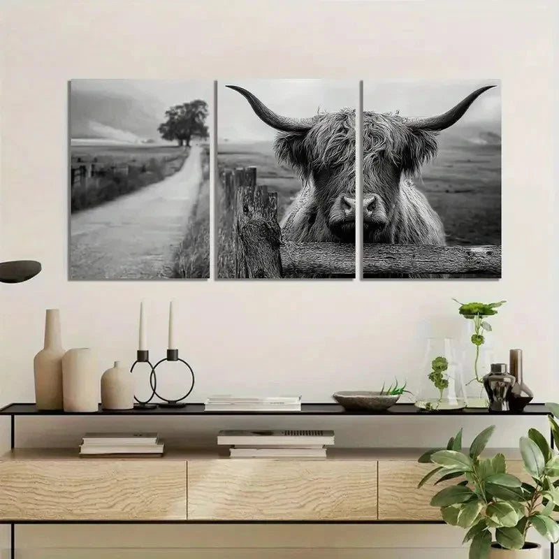3pcs Black-and-White Highland Cow Behind a Fence Metal Print Ready to Hang Art - Bella Home Decor