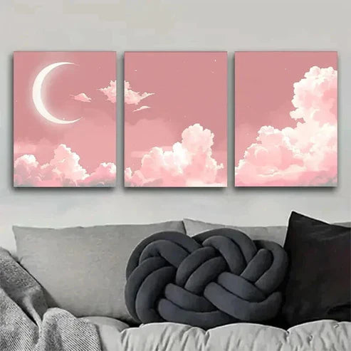 3pcs Pink Moon & Clouds Starrcy Sky Wall Art Canvas Unframed - High Quality Print 100% Australian Made Wall Canvas