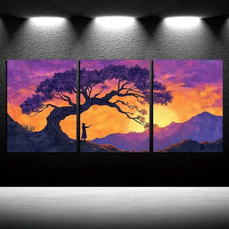 3pcs Sunset Tree Landscape, Purple Sky Design Metal Print Ready to Hang Art - Bella Home Decor