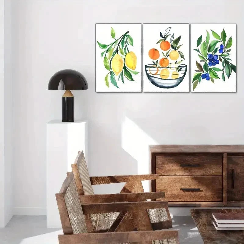 3pcs Lemon Orange Blueberry Fruit Art Metal Print Ready to Hang Art