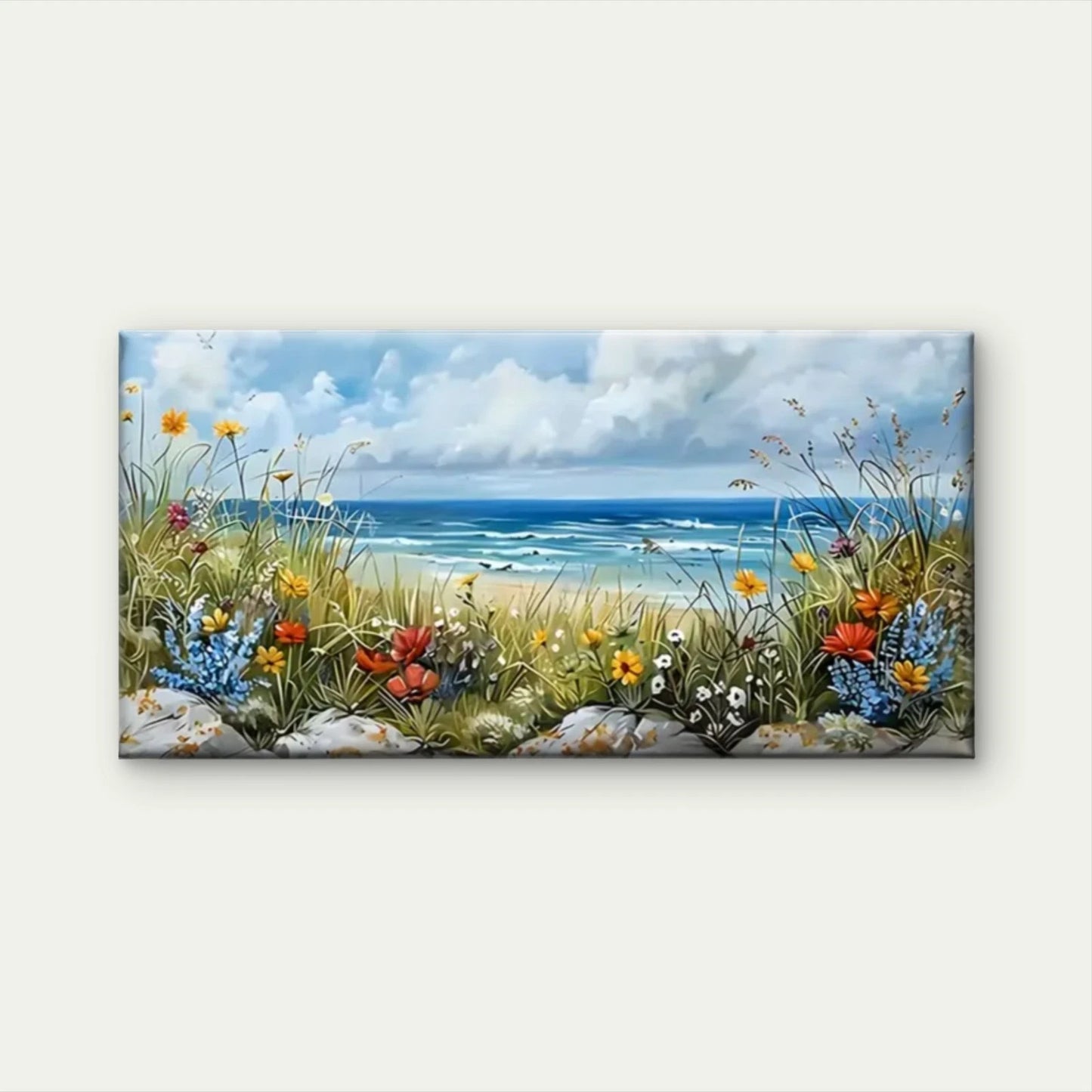Beach Flowers Rocks Blue Sky Wall Art Canvas Office Home Room Framed 120x60cm
