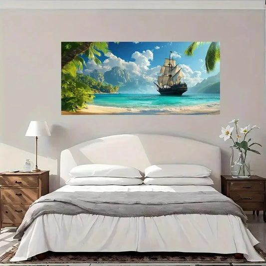Tropical Island Sail Adventure Wall Art Canvas Office Home Room Framed 120x60cm