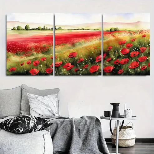 3pcs Vibrant Red Poppy Field Watercolor Wall Art Canvas Unframed - High Quality Print 100% Australian Made Wall Canvas