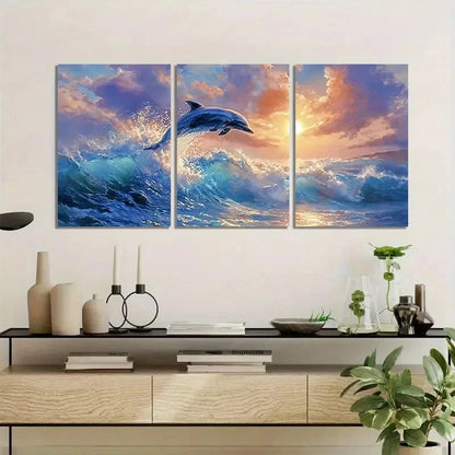 3pcs Dolphin Leaping from Water Painting Metal Print Ready to Hang Art - Bella Home Decor