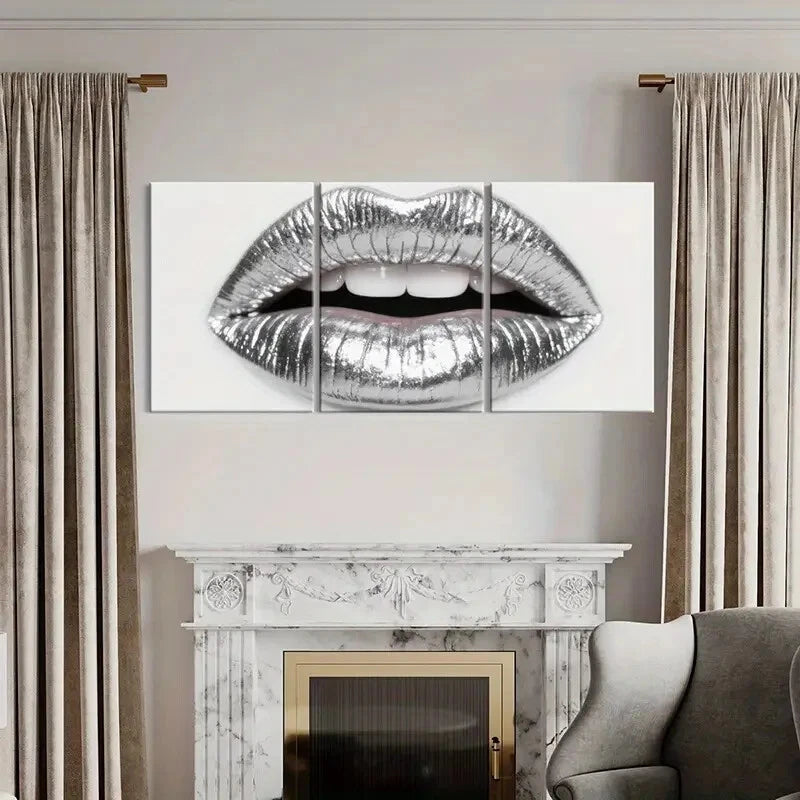 3pcs Silvery Metallic Lips Art Glamorous Design Metal Print Ready to Hang Art - Bella Home Decor