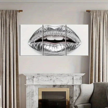 3pcs Silvery Metallic Lips Art Glamorous Design Metal Print Ready to Hang Art - Bella Home Decor