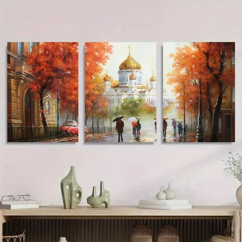 3pcs European Architecture Painting with Golden Metal Print Ready to Hang Art - Bella Home Decor