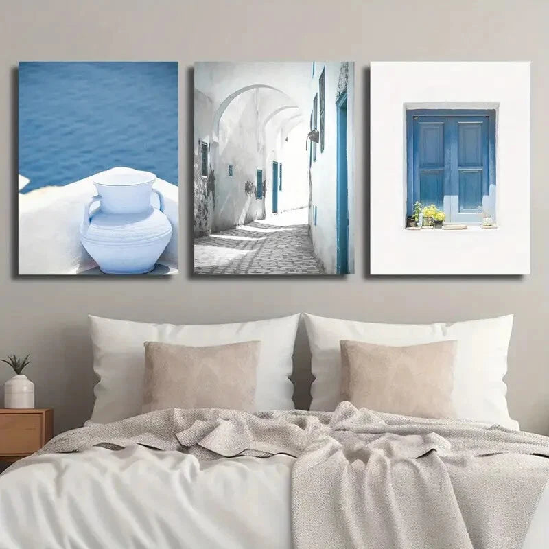3pcs Santorini Island & Mykonos Lands Perfect Wall Art Set Canvas Framed 40x60cm - High Quality Print 100% Australian Made Wall Canvas Ready to Hang