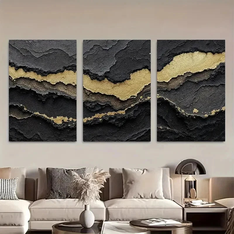 3pcs Black & Golden Luxury Abstract Metal Print Ready to Hang Art - Bella Home Decor