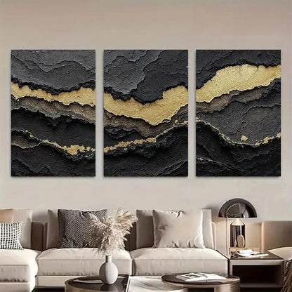 3pcs Black & Golden Luxury Abstract Metal Print Ready to Hang Art - Bella Home Decor