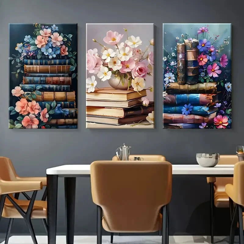 3pcs Vibrant Wildflower & Bookshelf Metal Print Ready to Hang Art - Bella Home Decor