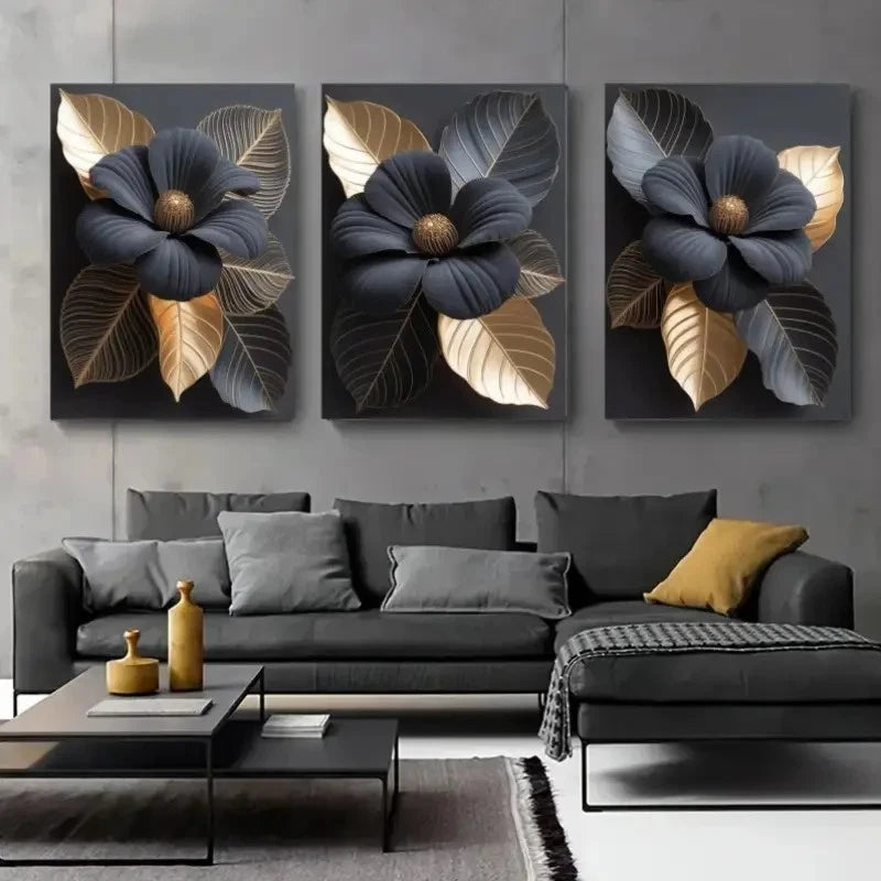 3pcs Golden Leaves and Dark Flowers Metal Print Ready to Hang Art - Bella Home Decor