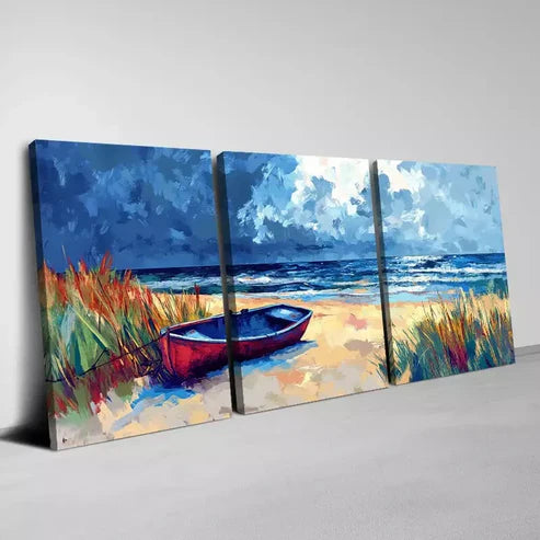 3pcs Beach and Boat with Sky View Scenery Wall Art Set Canvas Unframed - High Quality Print 100% Australian Made Wall Canvas - Bella Home Decor