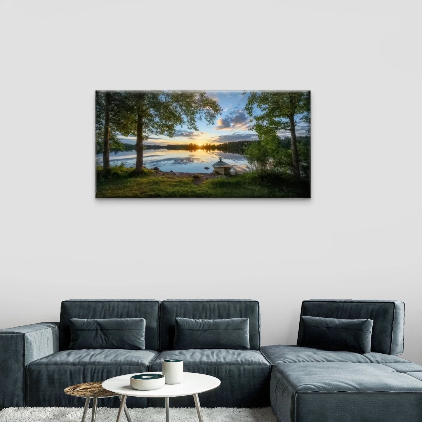 Trees Boat Lake Forest Wall Art Canvas Office Home Room Framed 120x60cm