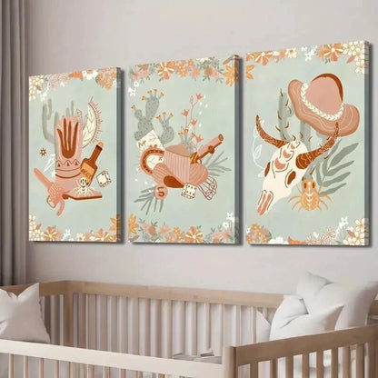 3pcs Southwestern Cowboy Boots & Hat Wall Art Set Canvas Framed 60x90cm - High Quality Print 100% Australian Made Wall Canvas Ready to Hang