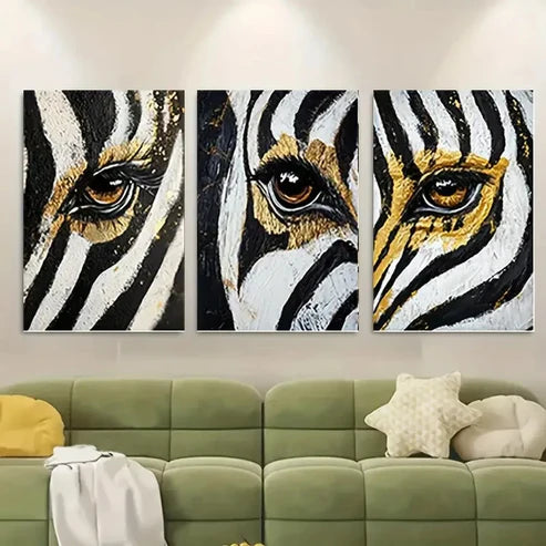 3pcs Zebra Abstract Black & White with Yellow Wall Art Canvas Unframed - High Quality Print 100% Australian Made Wall Canvas