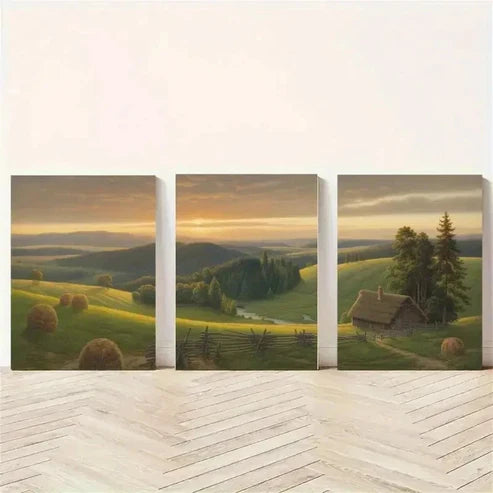 3pcs Cabin, Sunset, River, Pine Trees Wall Art Canvas Unframed - High Quality Print 100% Australian Made Wall Canvas - Bella Home Decor