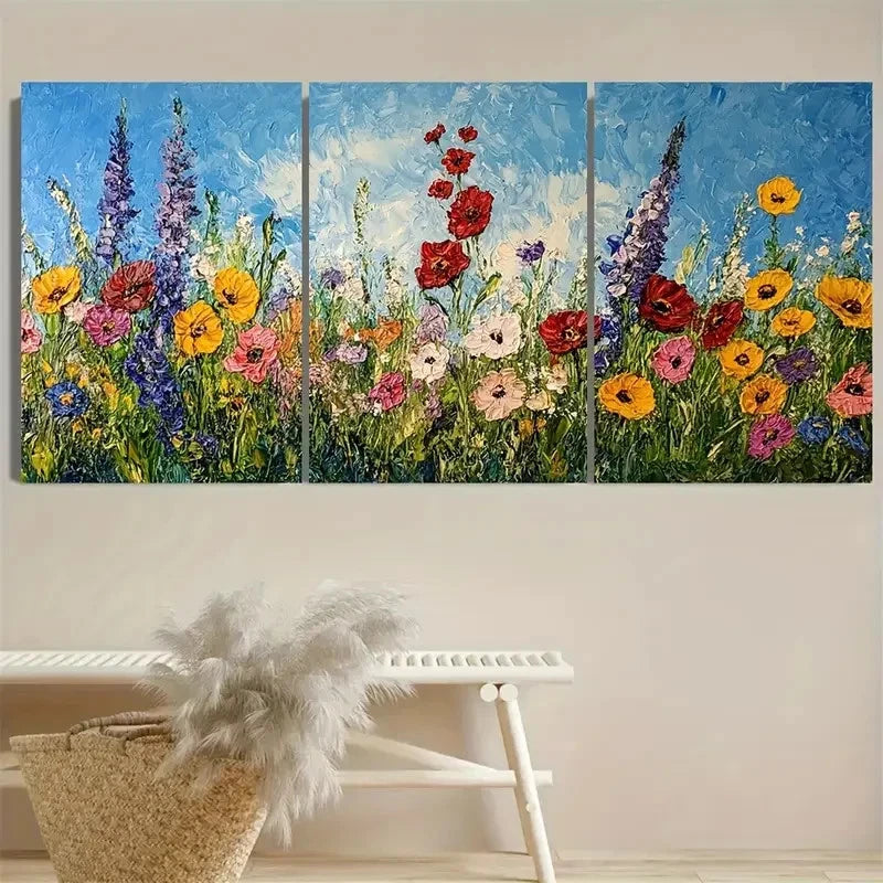 3pcs Flower Meadow Impasto Wall Art Set Canvas Framed 50x70cm - High Quality Print 100% Australian Made Wall Canvas Ready to Hang - Bella Home Decor