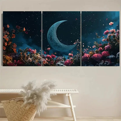 3pcs Floral Crescent Moon Dark Academia Wall Art Set Canvas Framed 50x70cm - High Quality Print 100% Australian Made Wall Canvas Ready to Hang