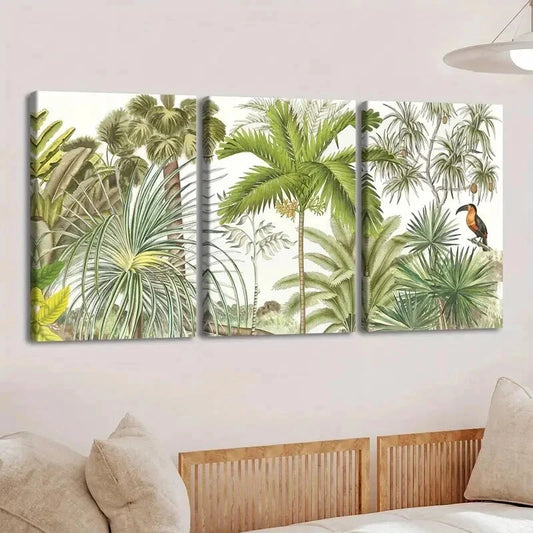 3pcs Vibrant Palm Trees Birds Green Nature White Wall Art Set Canvas Framed 50x70cm - High Quality Print 100% Australian Made Wall Canvas Ready to Hang