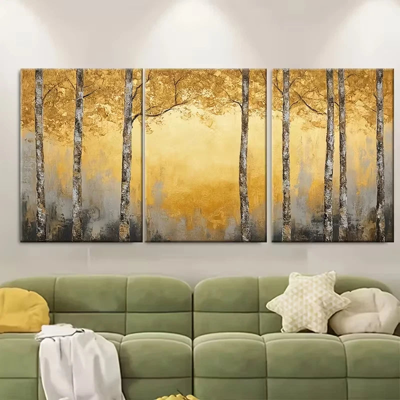 3pcs Golden Birch Forest Painting Metal Print Ready to Hang Art - Bella Home Decor