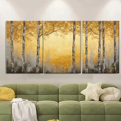 3pcs Golden Birch Forest Painting Metal Print Ready to Hang Art - Bella Home Decor