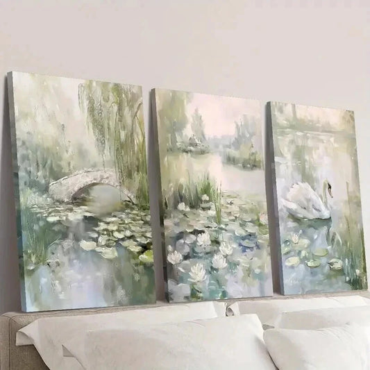 3pcs Depicting Spring Scenes Pond with Water Lily Wall Art Set Canvas Framed 50x70cm - High Quality Print 100% Australian Made Wall Canvas Ready to Hang