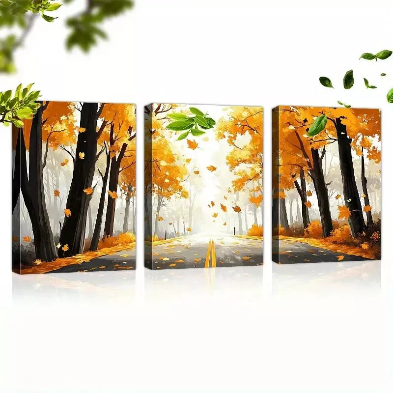 3pcs Autumn Forest Mountain Road Watercolor Natural Art Set Canvas Framed 50x70cm - High Quality Print 100% Australian Made Wall Canvas Ready to Hang