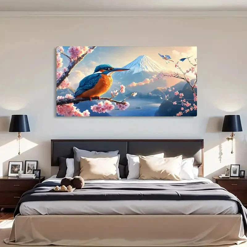 Kingfisher & Cherry Blossoms Wall Art Canvas Office Home Room Framed 120x60cm - Bella Home Decor
