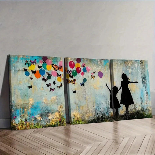 3pcs Little girl and butterfly balloon Wall Art Set Canvas Framed 40x60cm - High Quality Print 100% Australian Made Wall Canvas Ready to Hang