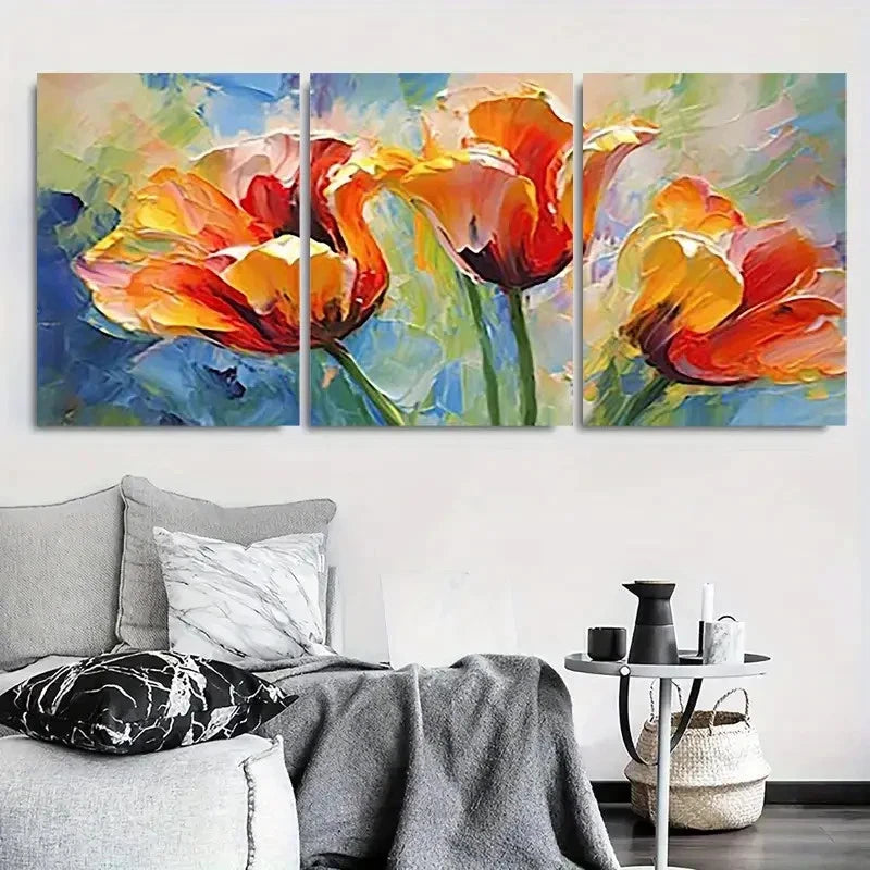 3pcs Modern Abstract Vibrant Red Tulip Metal Print Ready to Hang Art