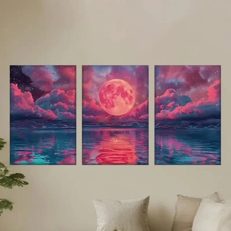 3pcs Full Moon Water Surface Metal Print Ready to Hang Art - Bella Home Decor
