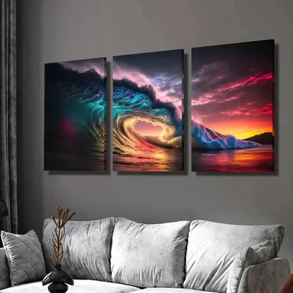 3pcs Sunset Over Colorful Stunning Waves Wall  Art Set Canvas Unframed - High Quality Print 100% Australian Made Wall Canvas