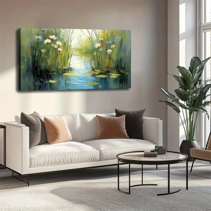 Serene Pond & for Lotus Flower Wall Art canvas office home room framed 120x60cm - Bella Home Decor