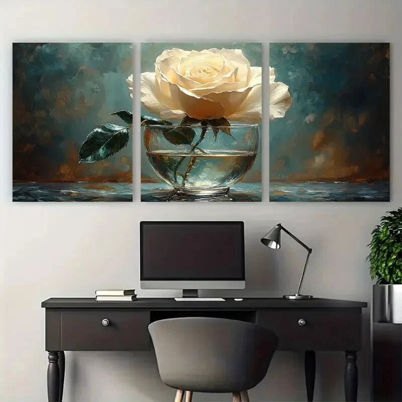 3pcs Still Life of White Rose in a Glass Metal Print Ready to Hang Art - Bella Home Decor