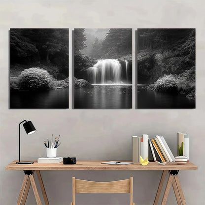 3pcs Black and White Waterfall Serene Forest Wall Art Set Canvas Framed 60x90cm - High Quality Print 100% Australian Made Wall Canvas Ready to Hang - Bella Home Decor