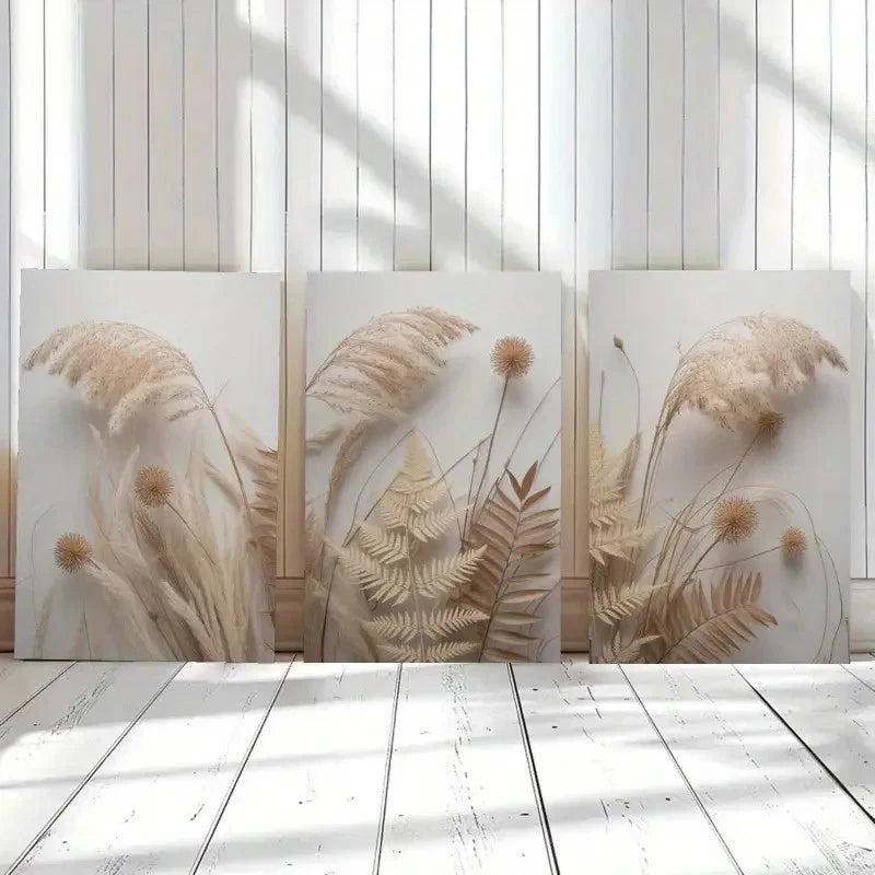 3pcs Botanical Pampas Grass & Dried Floral Metal Print Ready to Hang Art - Bella Home Decor