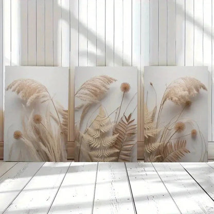 3pcs Botanical Pampas Grass & Dried Floral Metal Print Ready to Hang Art - Bella Home Decor