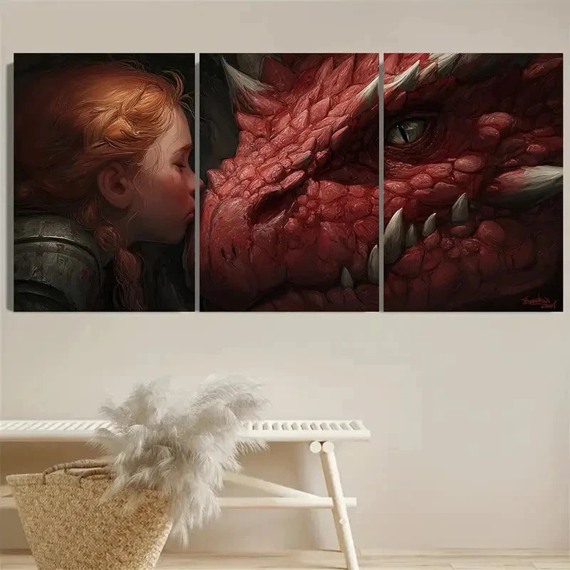 3pcs The Girl And Her Dragon Fantasy Gamer Art Wall Art Set Canvas Framed 60x90cm - High Quality Print 100% Australian Made Wall Canvas Ready to Hang
