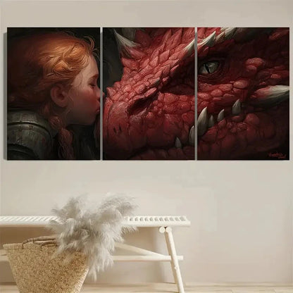 3pcs The Girl And Her Dragon Fantasy Gamer Art Wall Art Set Canvas Framed 60x90cm - High Quality Print 100% Australian Made Wall Canvas Ready to Hang