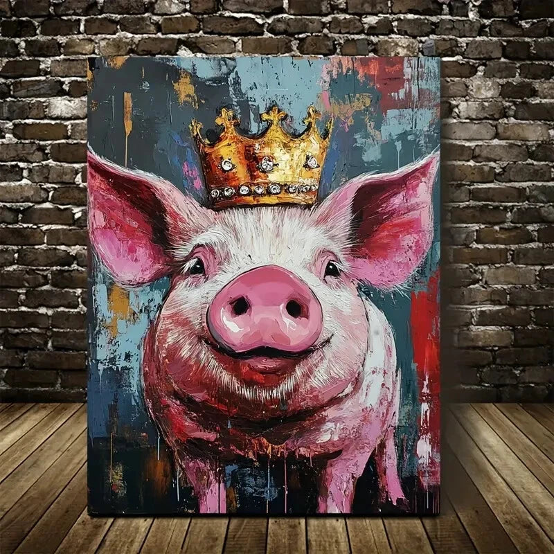 Playful Pig with Golden Crown Vibrant Painting 40x60cm Metal Print Ready to Hang - Bella Home Decor