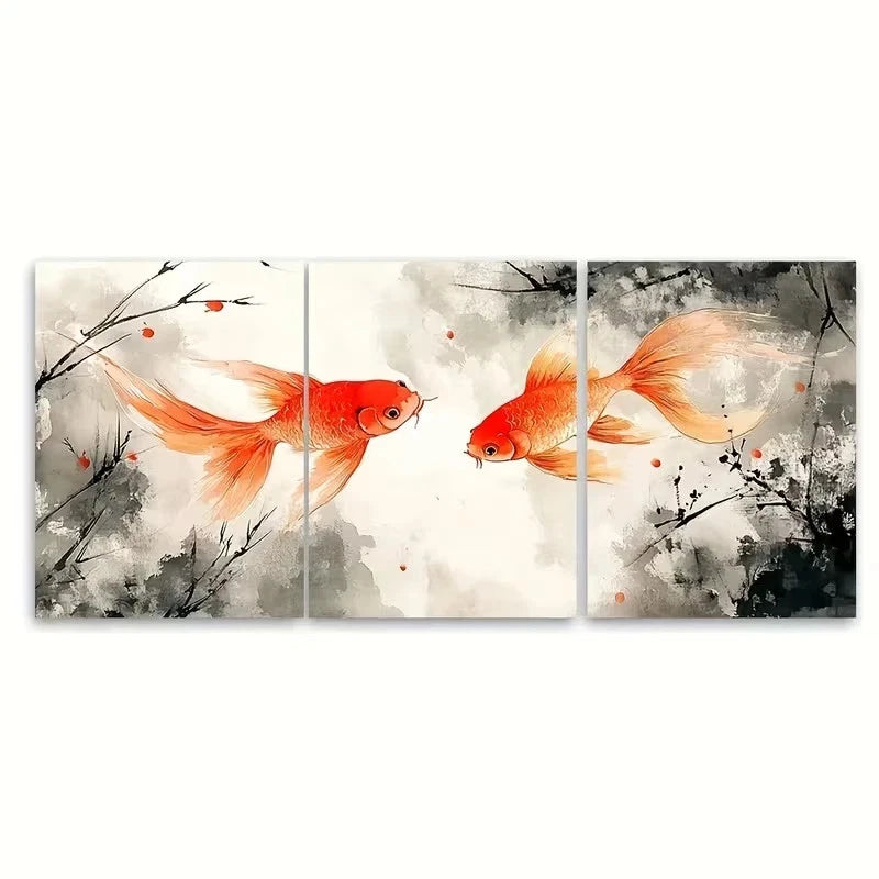 3pcs Abstract Chinese Bada Shanren Goldfish Wall Art Set Canvas Framed 50x70cm – High Quality Print 100% Australian Made Wall Canvas Ready to Hang - Bella Home Decor