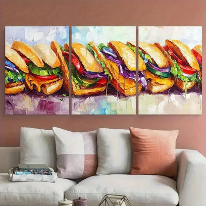 3pcs Sandwich Whimsical Lunch  Colorful Food Metal Print Ready to Hang Art - Bella Home Decor