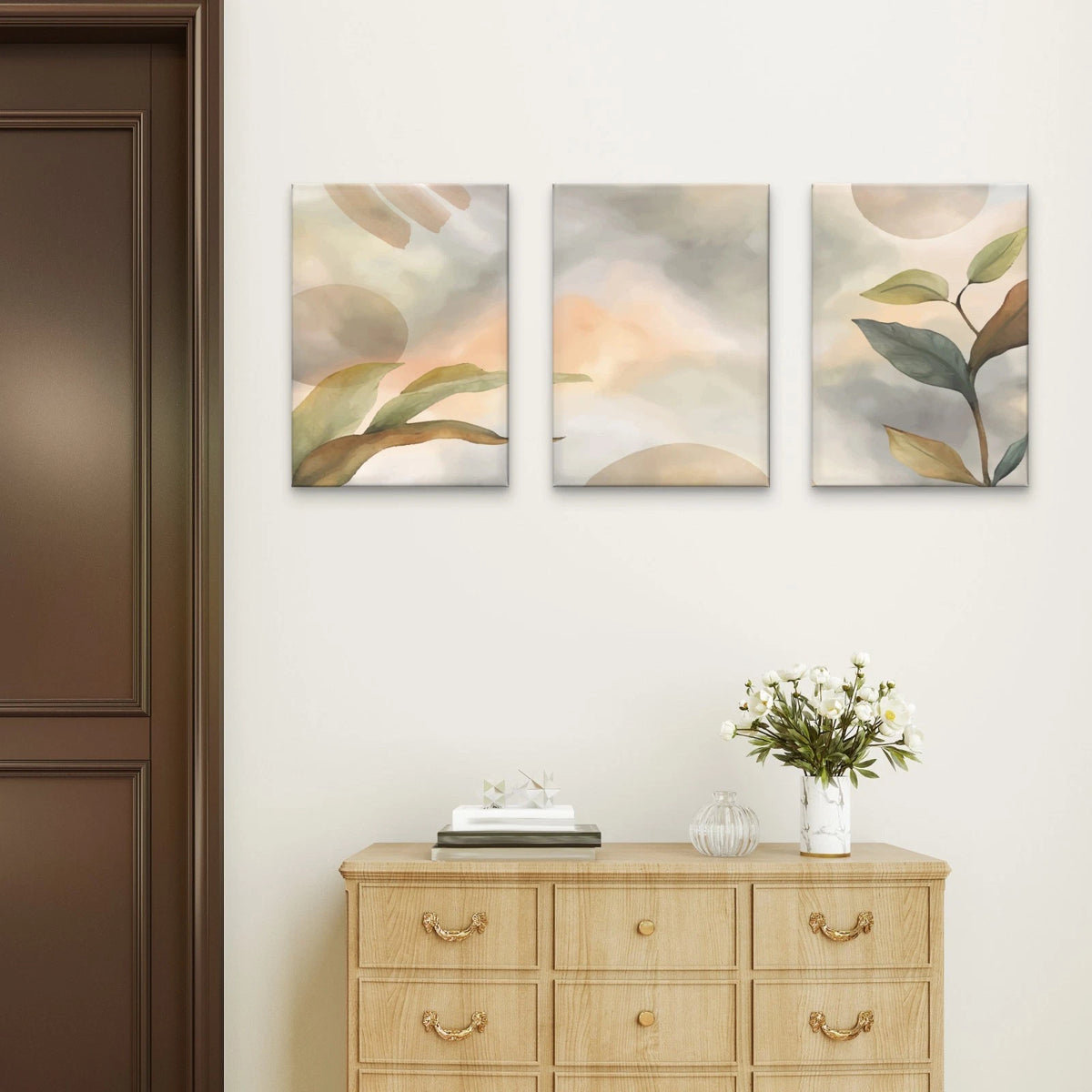 3pcs Minimalist Modern Neutral With Leaves Wall Art Set Canvas Framed 50x70cm - High Quality Print 100% Australian Made Wall Canvas Ready to Hang