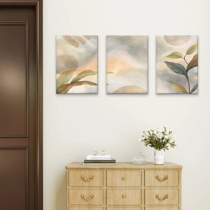 3pcs Minimalist Modern Neutral With Leaves Wall Art Set Canvas Framed 50x70cm - High Quality Print 100% Australian Made Wall Canvas Ready to Hang
