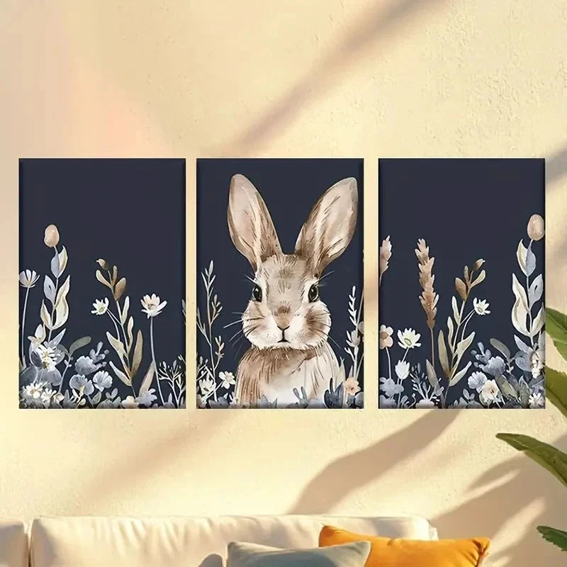 3pcs rabbit in field of flowers and plants Wall Art Set Canvas Framed 60x90cm - High Quality Print 100% Australian Made Wall Canvas Ready to Hang
