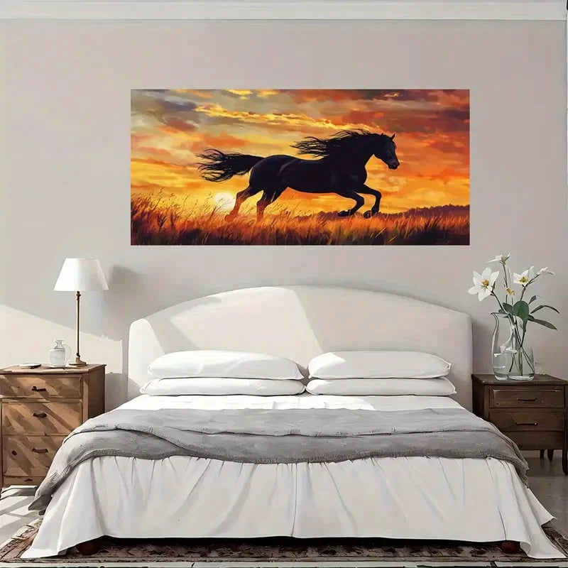 Galloping Black Horse Sunset Wall Art Canvas Office Home Room Framed 120x60cm