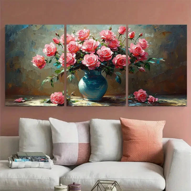3pcs Bouquet of Pink Roses Flowers in a Vase Metal Print Ready to Hang Art - Bella Home Decor